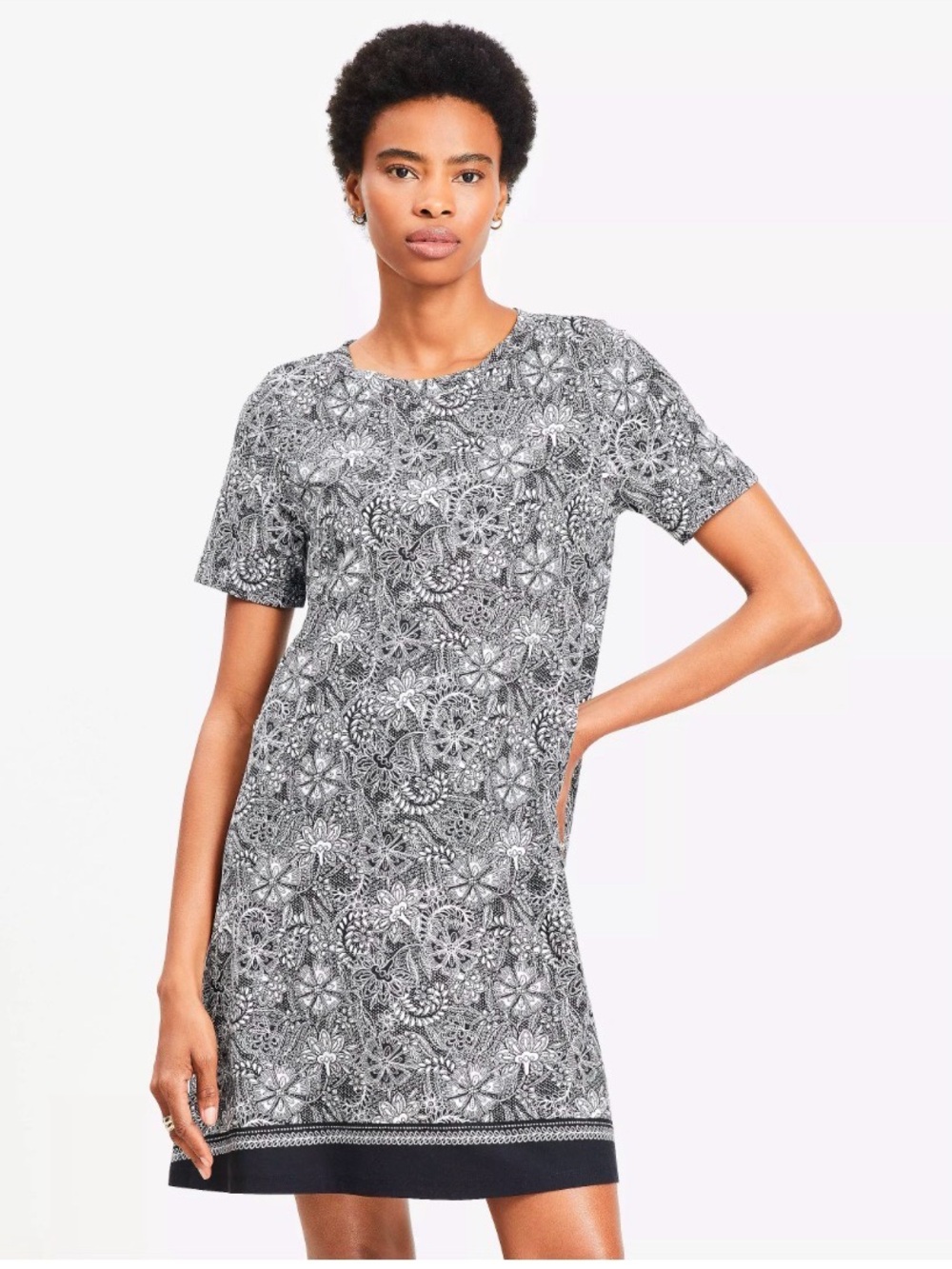 LOFT Black and White Lace-Pattern Shift Dress